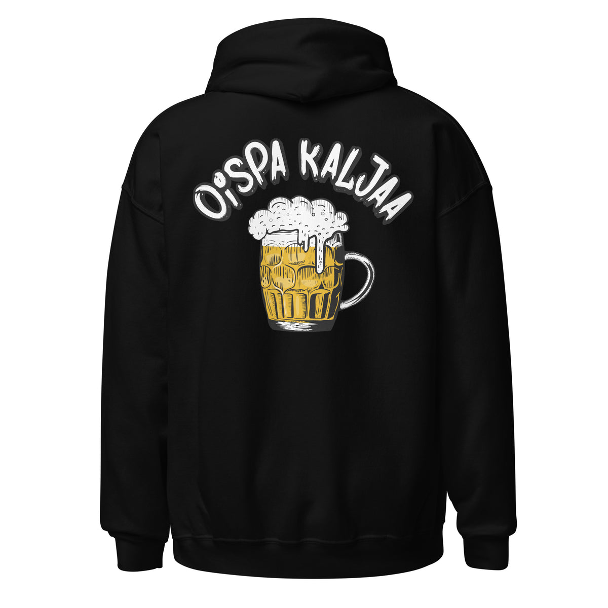Meemirottan "OispaKaljaa Huppari - Printti Selässä" on musta-design, jossa on teksti "Oispa Kaljaa" ja vaahtoava olutmukigrafiikka takana, mikä tekee siitä täydellisen lahjaidean hauskat vaatteet ystäville.
