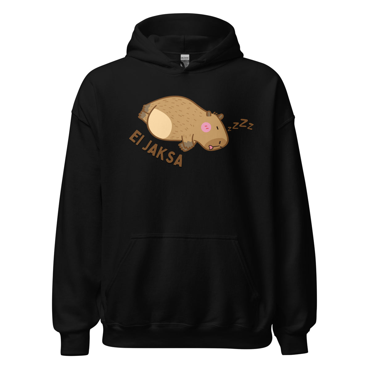 Meemirottan valkoisessa Capybara Hupparissa on suloinen, sarjakuvatyylinen ruskea karhu torkkumassa vatsallaan. Se esittää yllä suomenkielistä "Ei jaksa" -tekstiä yhdistettynä "zzz"-symboleihin korostamaan uniteemaa. Se on täydellinen idea tai niille, jotka rakastavat lahja hauskat payat leikkisällä twistillä.