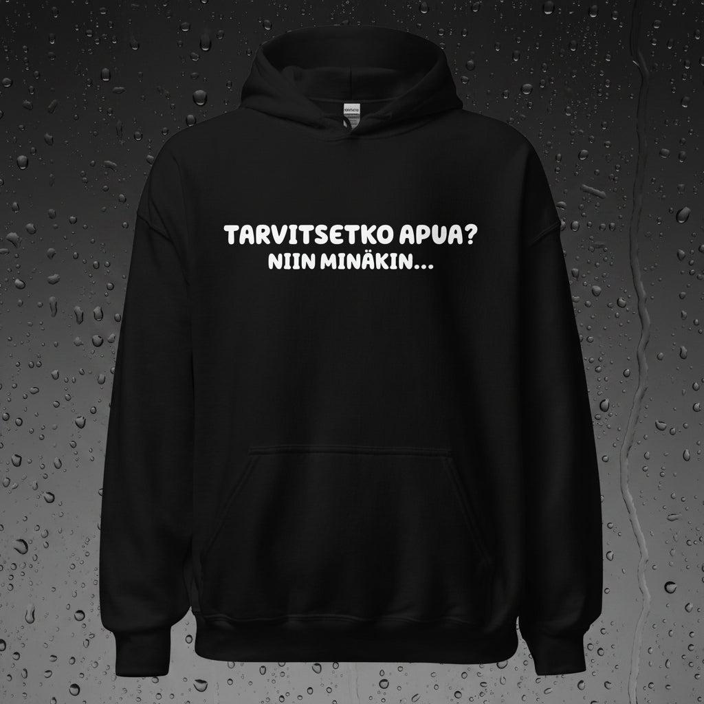 Meemirottan Tarvitsetko Apua Huppari on esillä ripustimessa valkoista taustaa vasten korostaen huppua ja pitkät hihat – todella yksi niistä hauskoista maksuista, jotka sopivat kaikkiin tilaisuuksiin.