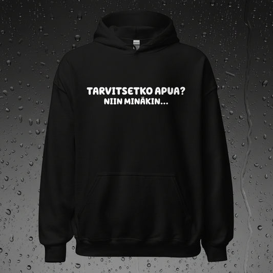 Meemirottan Tarvitsetko Apua Huppari on esillä ripustimessa valkoista taustaa vasten korostaen huppua ja pitkät hihat – todella yksi niistä hauskoista maksuista, jotka sopivat kaikkiin tilaisuuksiin.