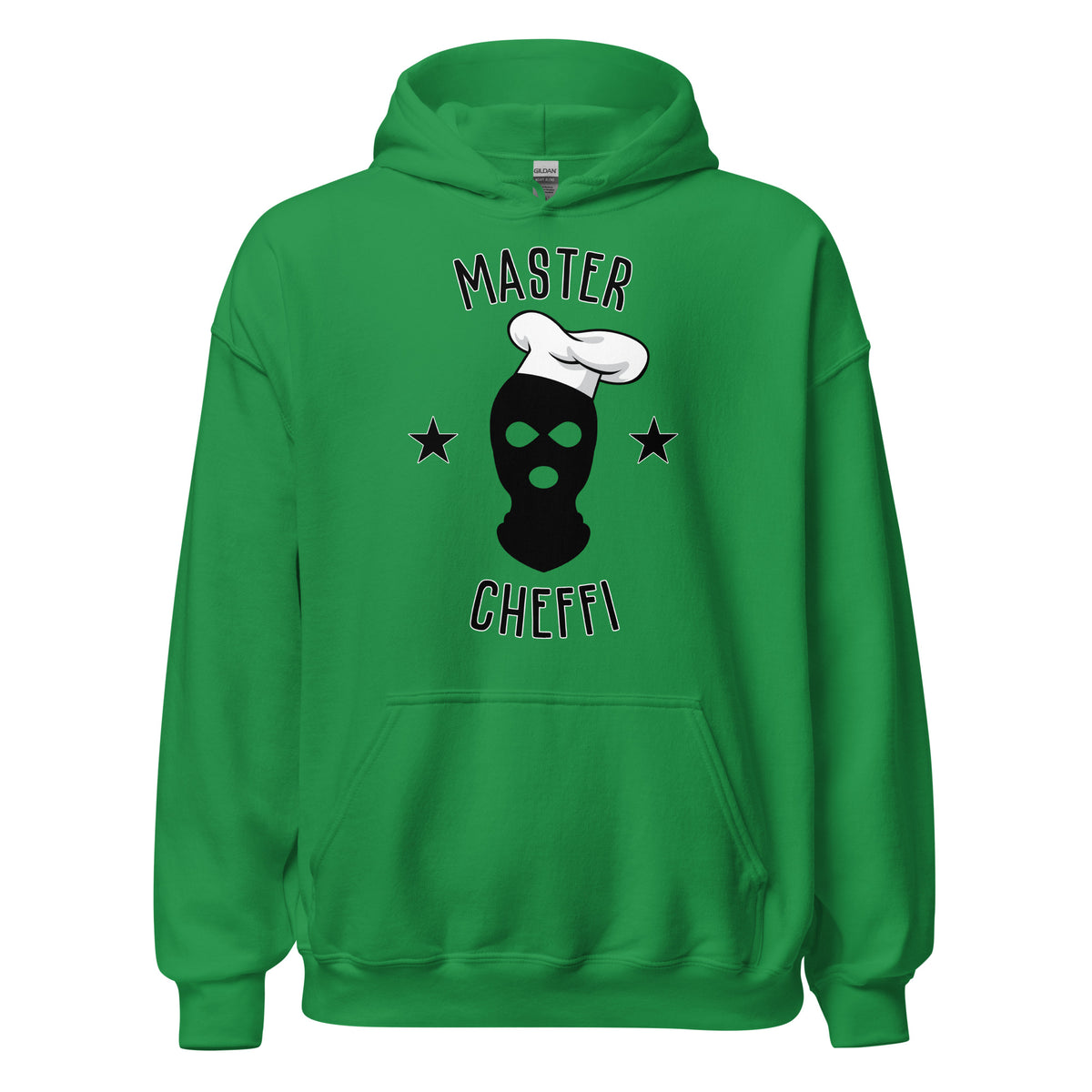 Meemirottan Sininen Master Cheffi Huppari esittelee grafiikan naamioituneesta hahmosta, jolla on kokin hattu. Teksti "Master Cheffi" näkyy kuvan ylä- ja alapuolella kahden tähden mukana. Tämä hauska paita on loistava lahjaidea!