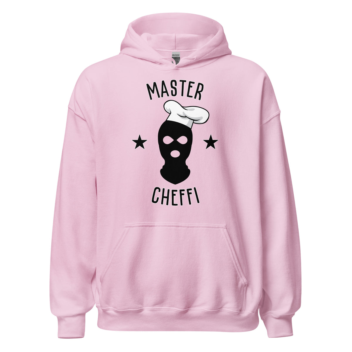 Meemirottan Sininen Master Cheffi Huppari esittelee grafiikan naamioituneesta hahmosta, jolla on kokin hattu. Teksti "Master Cheffi" näkyy kuvan ylä- ja alapuolella kahden tähden mukana. Tämä hauska paita on loistava lahjaidea!