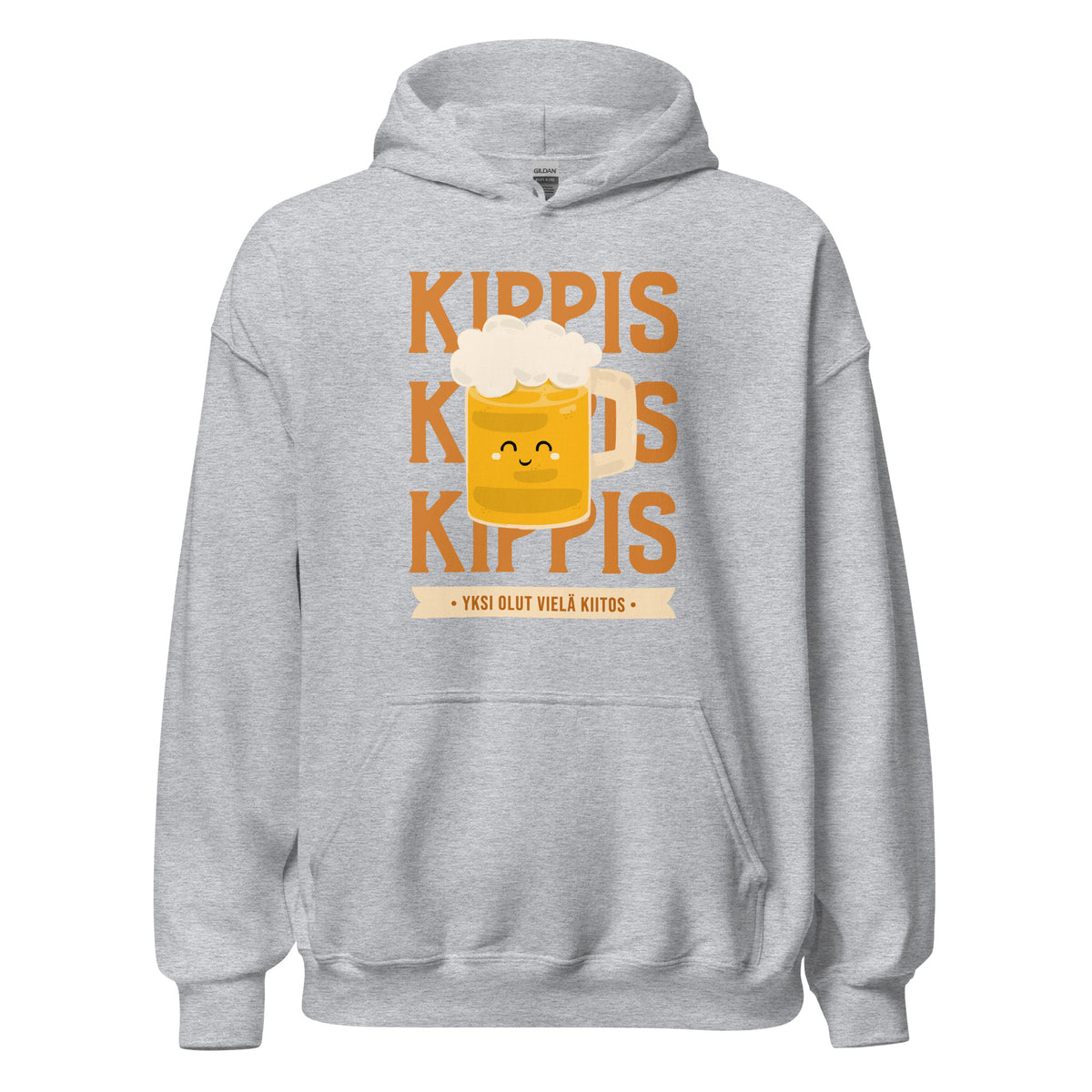 Esittelyssä Meemirottan "Kippis Huppari", laivastonsininen huppari, jossa on iloinen vaahtokuvioitu olutmuki. Kuvan yläpuolella on lihavoitu, oranssi sana "KIPPIS KIPPIS KIPPIS" ja alapuolella "YKSI OLUT VIELÄ KIITOS". Tämä hauskat vaatteet -asu on täydellinen tuomaan ripaus huumoria vaatekaappiisi.