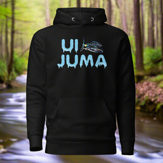 Musta Ui Juma huppari Meemirottasta, jossa on sininen teksti "UJ JUMA" ja sen yläpuolella kuvitettu helikopteri. Sulavien kirjainten tippuva vaikutus tekee siitä ihanteellisen lahjaidean ainutlaatuisia meemivaatteita arvostaville.