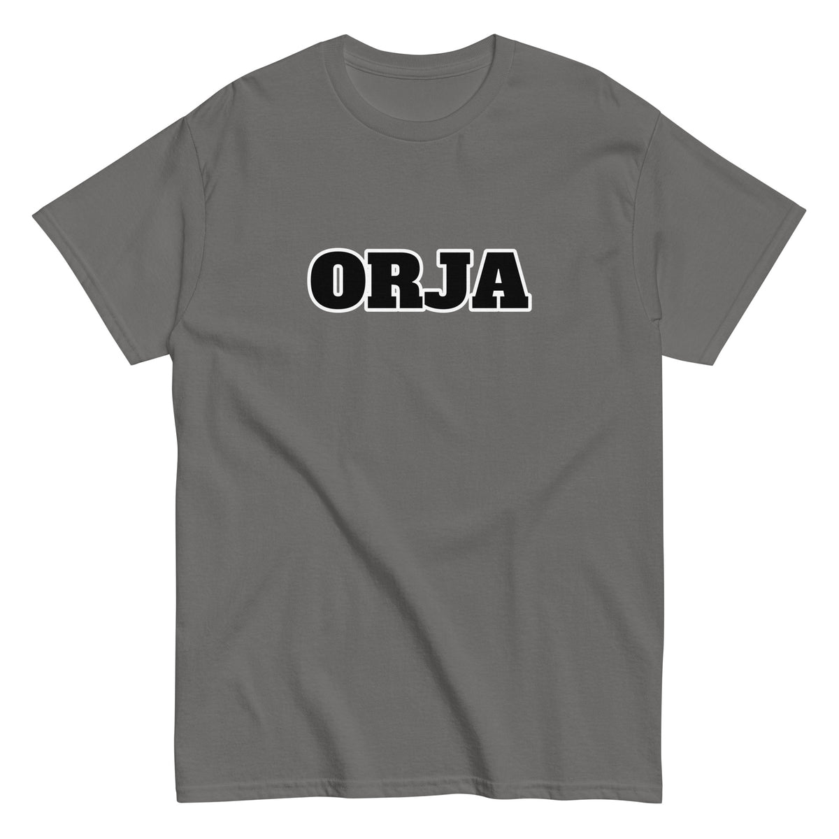 Meemirotta unisex t-paita harmaalla pohjalla, jossa on musta ORJA-teksti edessä
