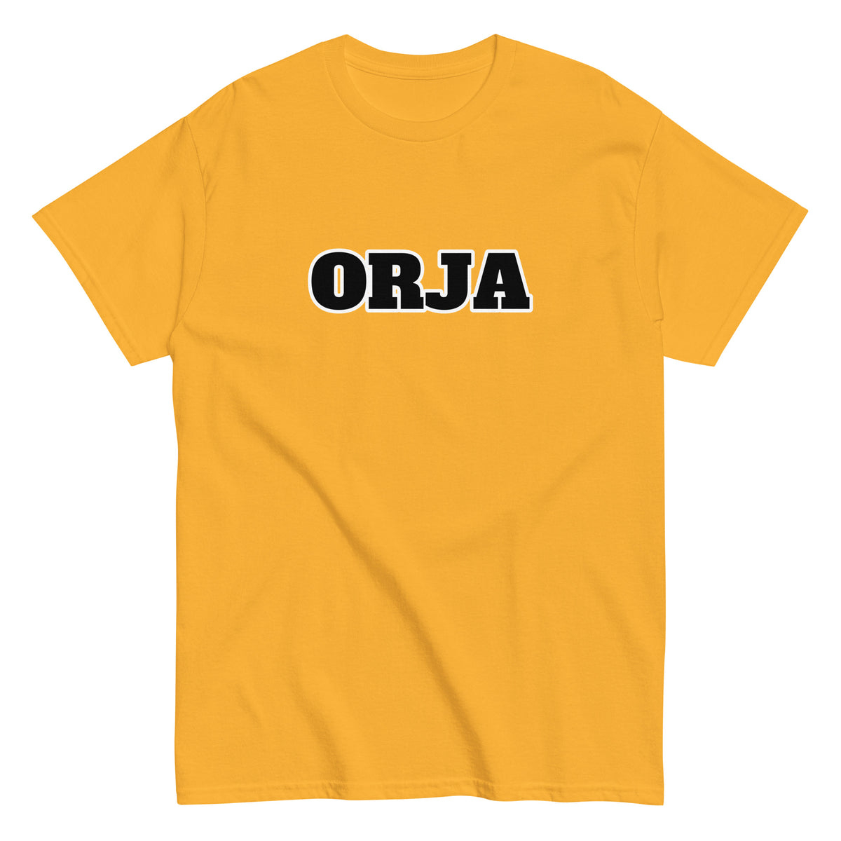 Meemirotta unisex t-paita kirkkaan keltaisena, mustalla ORJA-tulostuksella edessä