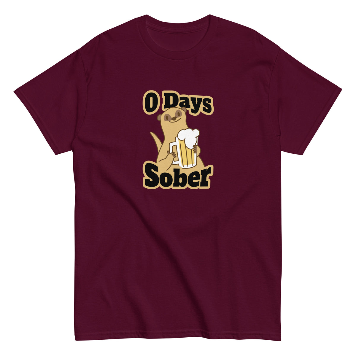 Meemirotta unisex t-paita tummanpunaisena, jossa hauska grafiikka ja teksti O Days Sober.