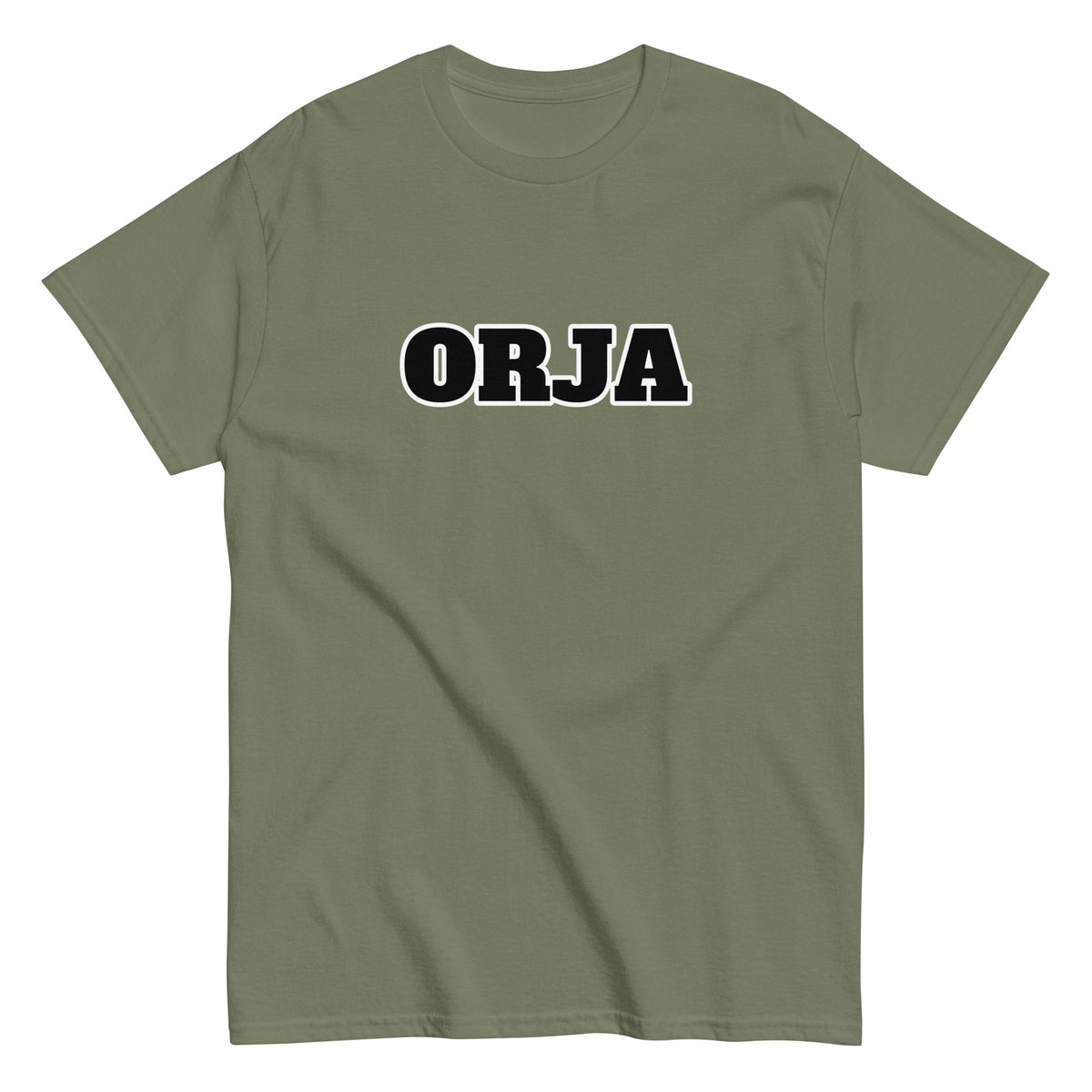 Meemirotta unisex t-paita oliivinvihreällä värillä ja mustalla ORJA-tulostuksella edessä