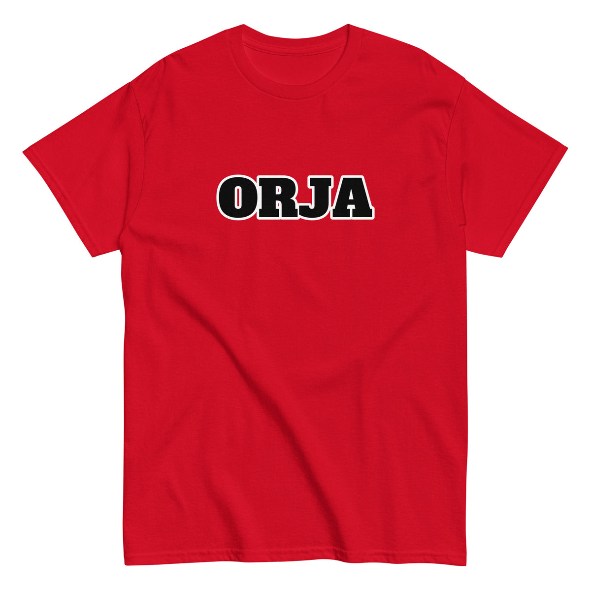 Meemirotta unisex t-paita punaisena, jossa musta teksti ORJA edessä