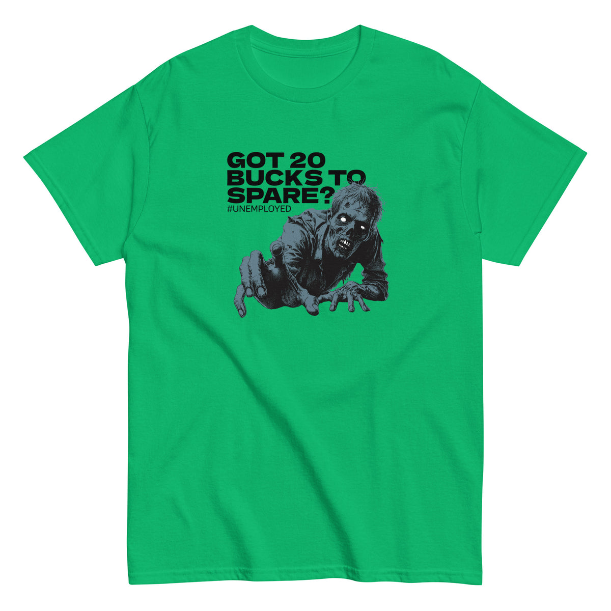 Meemirotta unisex t-paita kirkkaan vihreänä zombiaiheisella printillä ja hauska slogan
