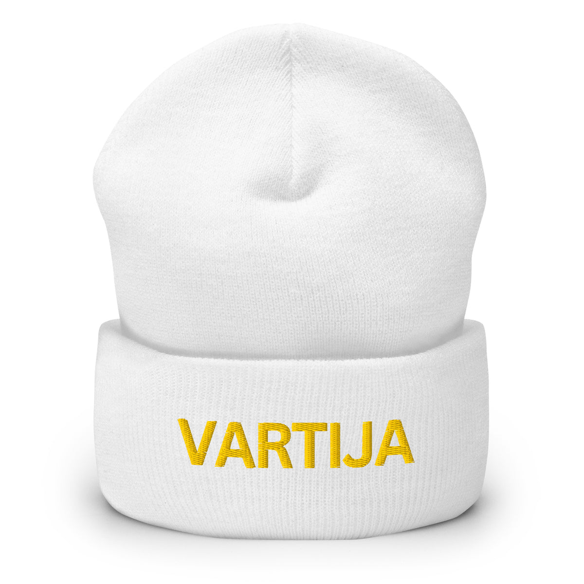 Valkoinen vartija pipo, jossa keltainen VARTIJA-teksti edessä ja mukava istuvuus