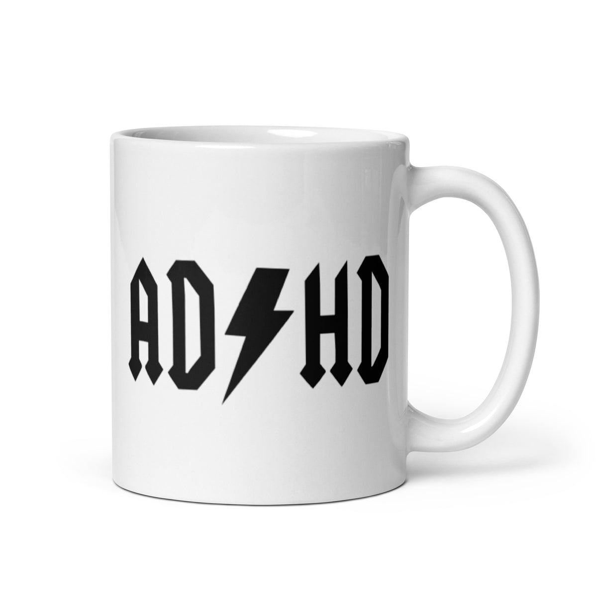Meemirotta ADHD-muki mustalla tekstillä ja salama-kuvalla piristävään juomiseen