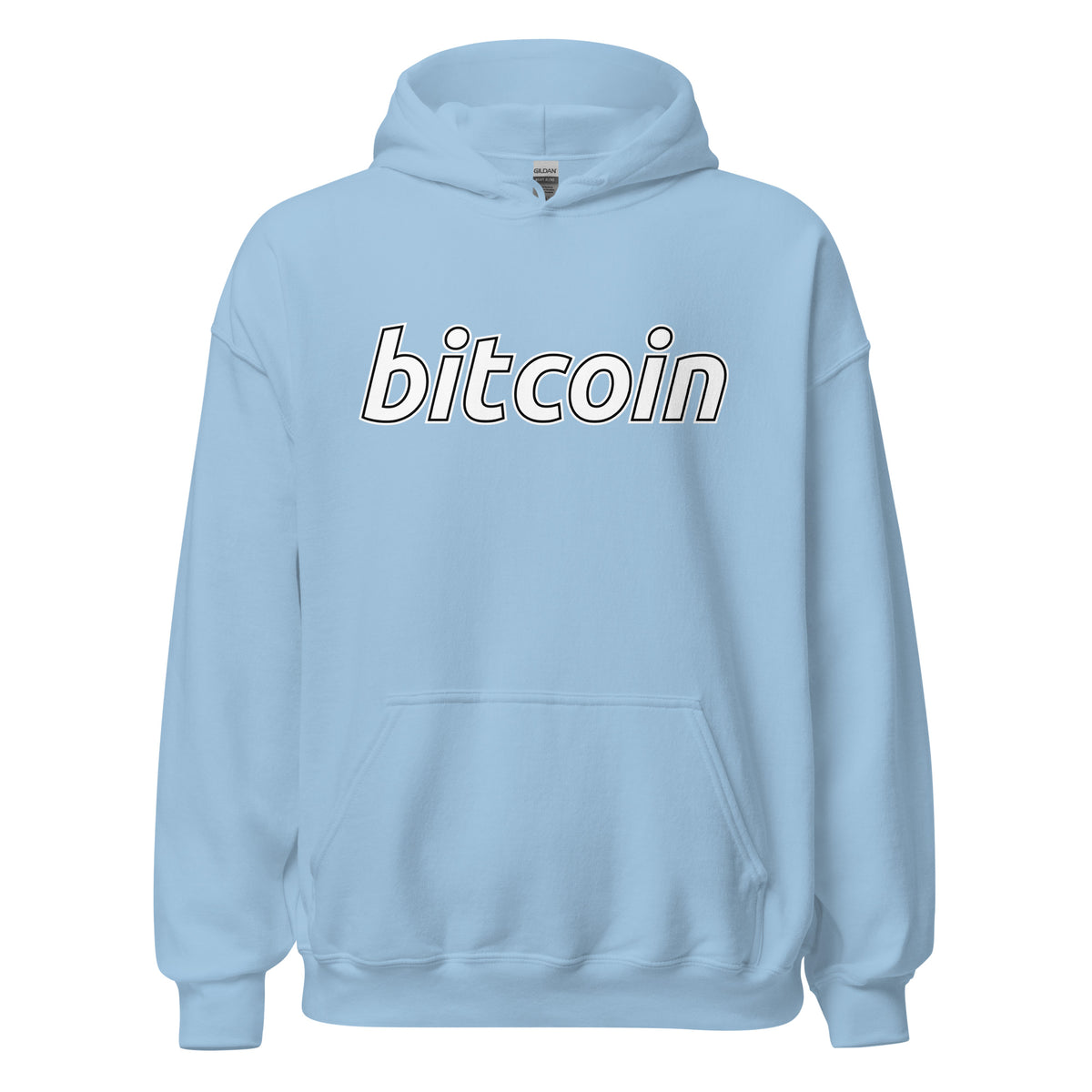 Vaaleansininen bitcoin huppari, jossa suuri bitcoin-teksti edessä ja kätkö tasku.