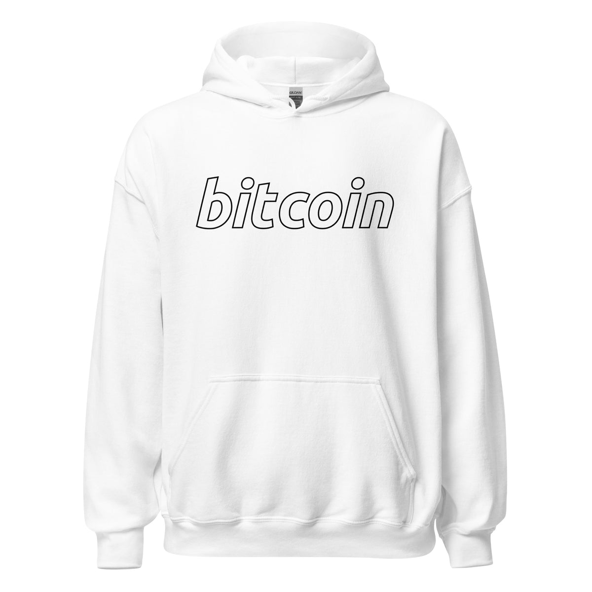 Meemirotta valkoinen bitcoin huppari modernilla designilla ja taskulla edessä