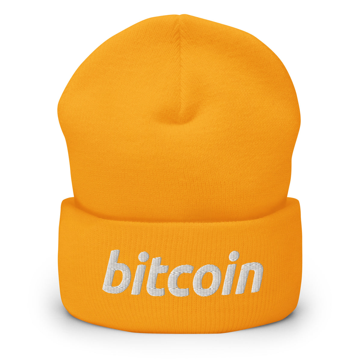 Keltainen bitcoin pipo valkoisella tekstillä, tyylikäs ja mukava käyttää talvella