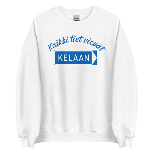 Valkoinen hauska kela college, jossa teksti 'Kaikki tiet vievät KELAAN'