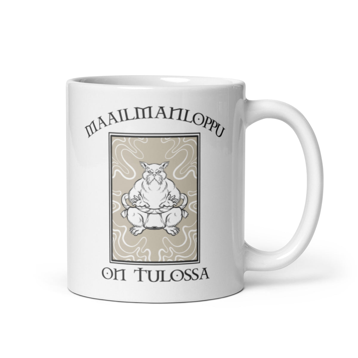 Hauska muki lahjaksi, jossa teksti 'Maailmanloppu on tulossa' ja kuvattu hahmo
