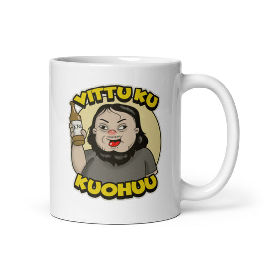 Hauska muki lahjaksi, jossa on humoristinen kuva ja teksti 'Vittu ku kuohuu'.