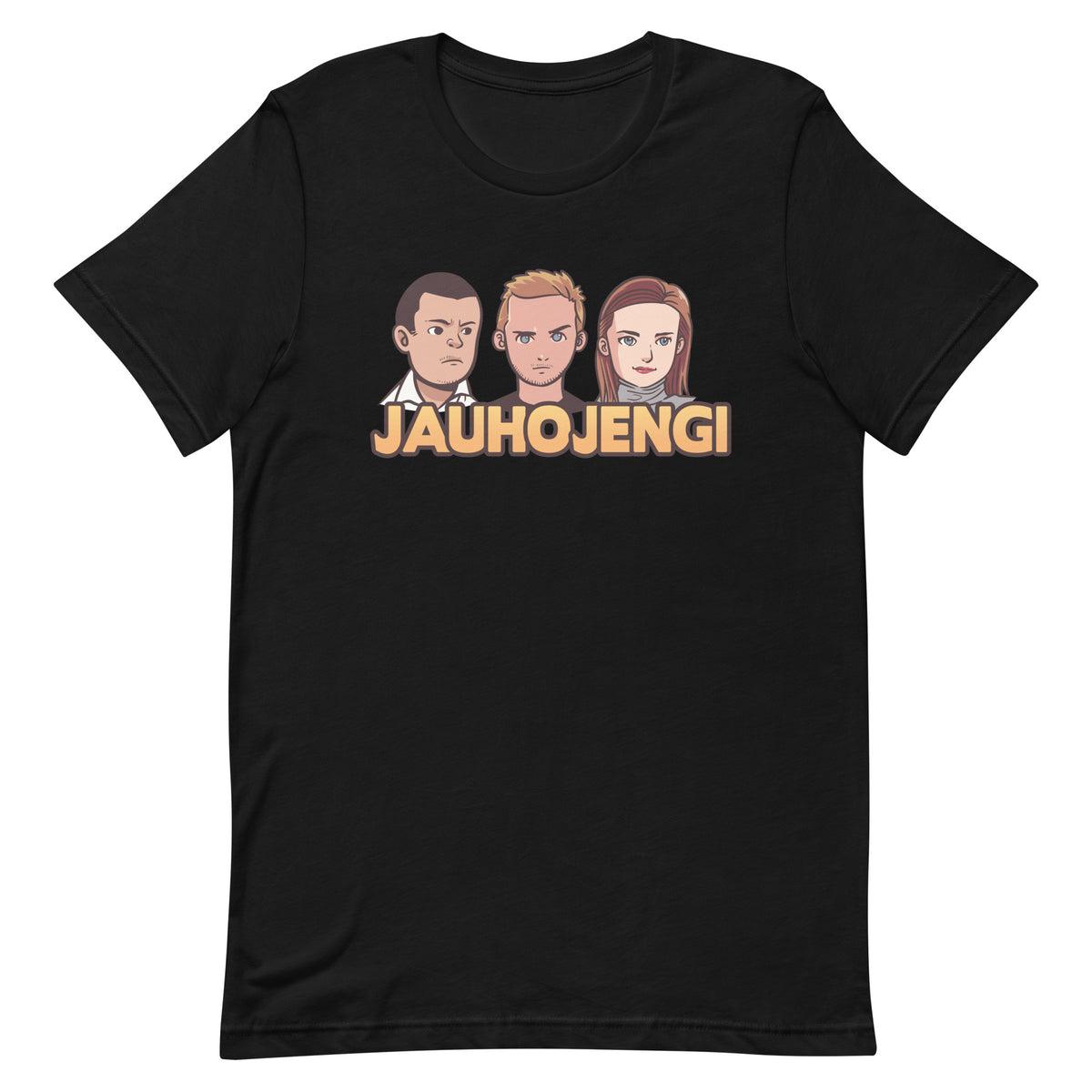 Mustat jauhojengi t-paita, jossa on kolme hahmoa ja tyylikäs design.