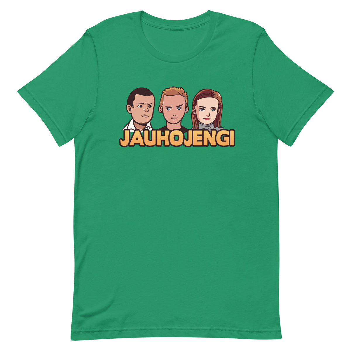 Vihreä jauhojengi t-paita, jossa on kolme hahmoa ja tyylikäs logo