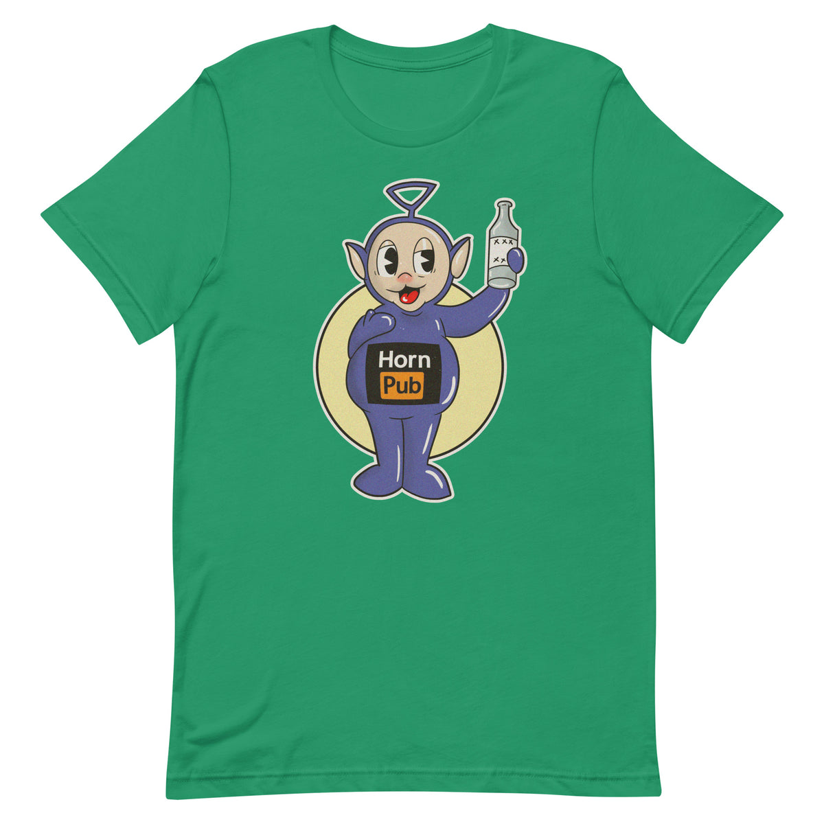 Vihreä kännitappi t-paita Meemirotta logo ja hauska hahmo pullolla
