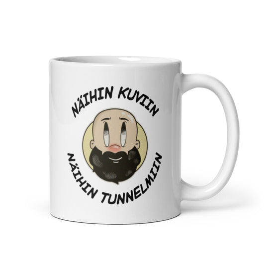 Meemirotta muki, jossa on 'näihin kuviin näihin tunnelmiin' -tyyli ja hauska karikatyyri