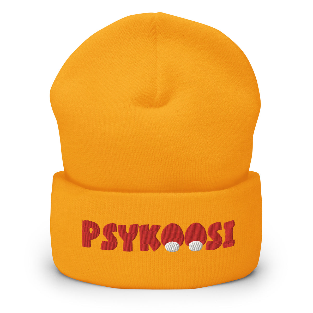 Kirkkaan keltainen psykoosi pipo, jossa on punaiset kirjaimet edessä