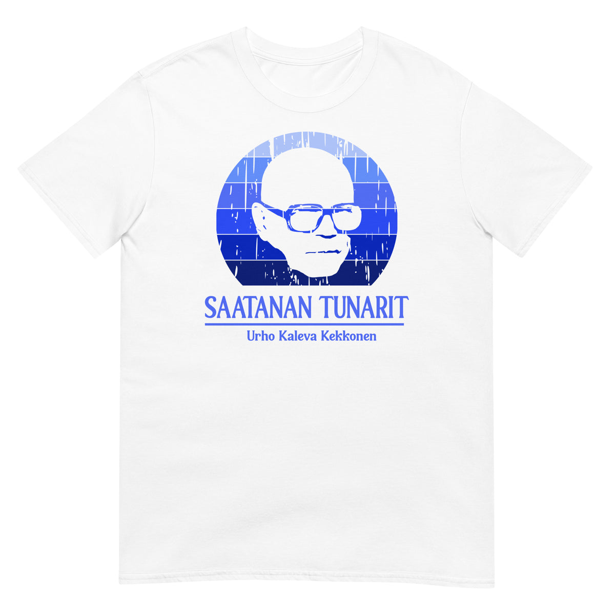 Meemirottan Harmaa Saatanan Tunarit T-Paita, jossa on tyylitelty grafiikka silmälaseista sinisen ympyrän sisällä. Alla oleva teksti kuuluu "SAATANAN TUNARIT" ja "Urho Kaleva Kekkonen". Täydellinen niille, jotka etsivät hauskat vaatteet tai meemivaatteet, joilla on ainutlaatuinen tunnelma.