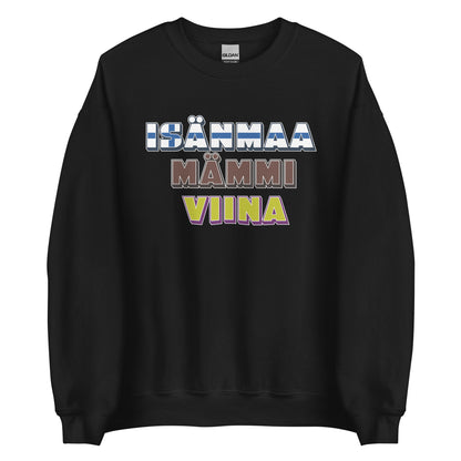 Mustassa collegepaidassa on tekstit Isänmaa, Mämmi ja Viina, hauska collegepaita suomalaisille
