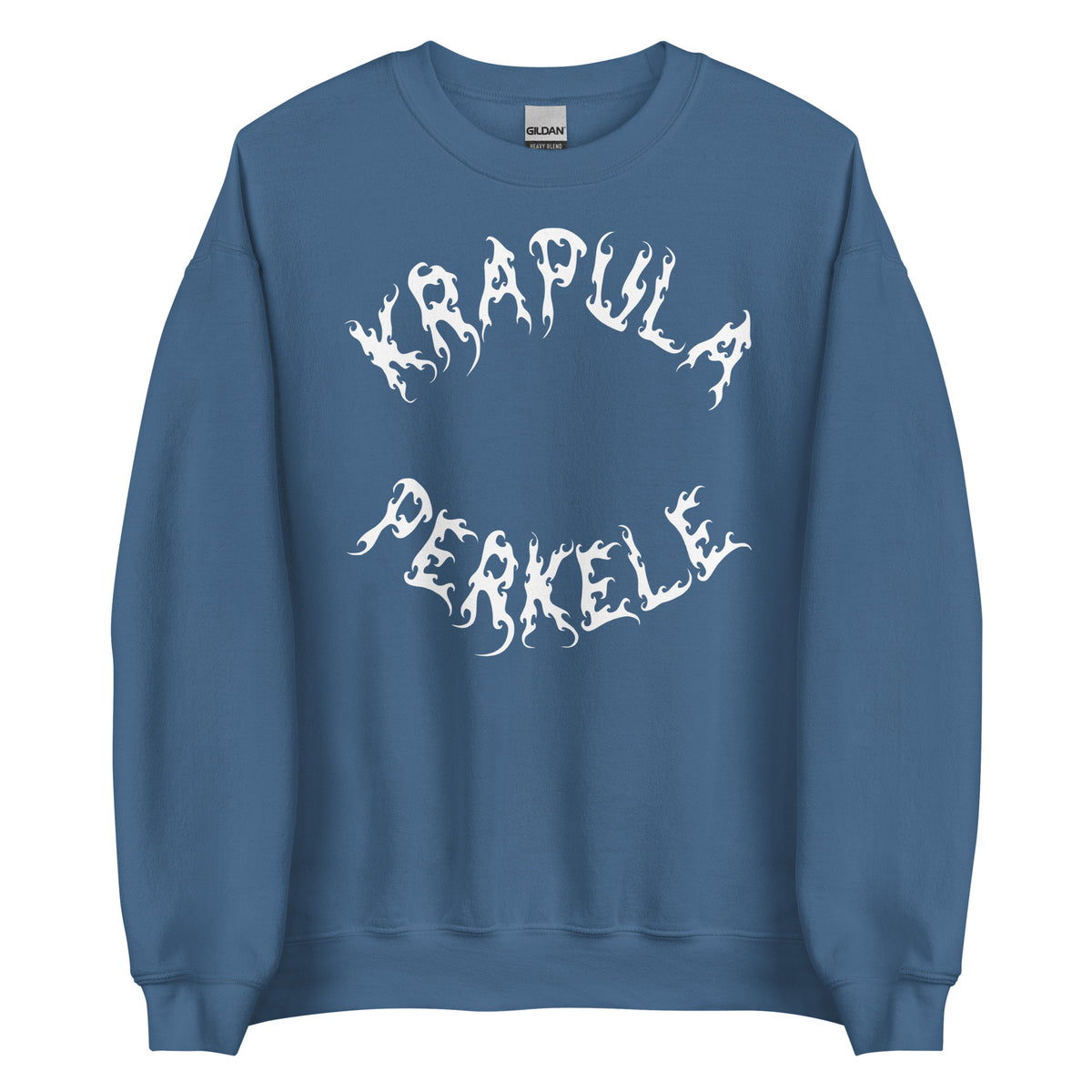Laivastonsininen Meemirotta collegepaita, nimeltään "Krapula Perkele College", sisältää lauseen "KRAPULA PEKELE" tyylitellyllä, aaltoilevalla valkoisella fontilla rinnassa. Tämä hauska paita on täydellinen lahjaidea, joka yhdistää vaivattomasti huumoria ja tyyliä.